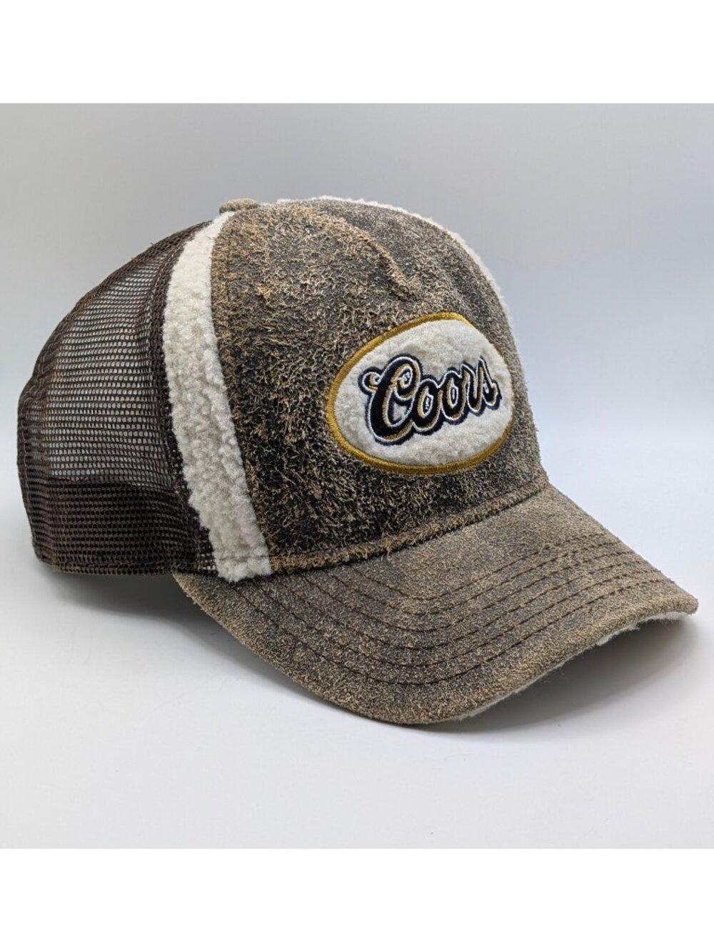 Coors Beer Leather Flocked Trucker Mesh Snapback Brown Tan Hat OSFM Unisex Cap